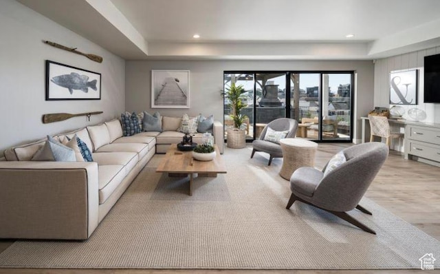4578 N Solstice Dr Unit 332, Lehi, UT 84043 - living room with a tray ceiling, wood finished floors, and recessed lighting