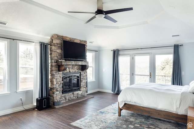 9788 S Dante Rd E, Sandy, UT 84092 - bedroom featuring ornamental molding, access to exterior, a fireplace, wood finished floors, and ceiling fan