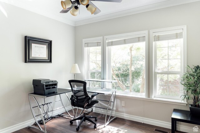 9788 S Dante Rd E, Sandy, UT 84092 - office area featuring wood finished floors, a ceiling fan, and ornamental molding