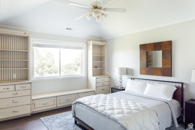 9788 S Dante Rd E, Sandy, UT 84092 - bedroom featuring dark wood-type flooring, crown molding, a ceiling fan, and lofted ceiling