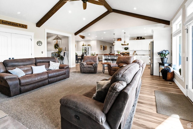 2253 N 1200 E, Monroe, UT 84754 - living room featuring light wood-style floors, beamed ceiling, a ceiling fan, high vaulted ceiling, and recessed lighting