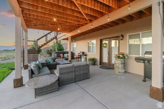 2253 N 1200 E, Monroe, UT 84754 - view of patio / terrace with french doors, an outdoor living space, a grill, and stairs