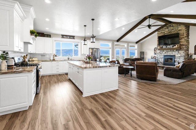 2253 N 1200 E, Monroe, UT 84754 - kitchen with stainless steel appliances, a ceiling fan, wood finished floors, a kitchen island, and open floor plan