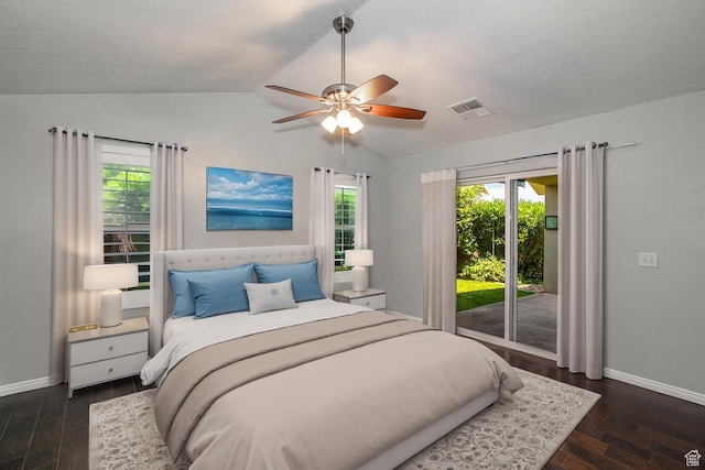 3524 S Price Hills Dr, St George, UT 84790 - bedroom featuring access to exterior, lofted ceiling, wood finished floors, and multiple windows