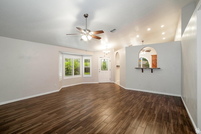 3524 S Price Hills Dr, St George, UT 84790 - empty room with ceiling fan, arched walkways, dark wood finished floors, and recessed lighting