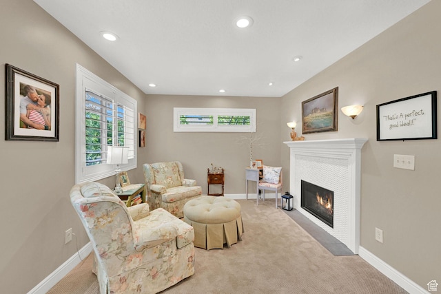 1269 Alice Ln, Farmington, UT 84025 - living area featuring light colored carpet, recessed lighting, and a tile fireplace