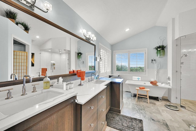 1269 Alice Ln, Farmington, UT 84025 - full bath with double vanity, lofted ceiling, a shower stall, a freestanding tub, and wainscoting