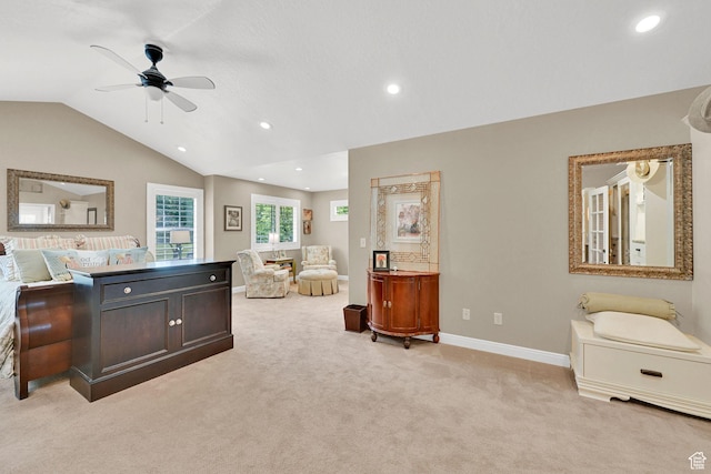 1269 Alice Ln, Farmington, UT 84025 - bedroom with light carpet, vaulted ceiling, recessed lighting, and ceiling fan