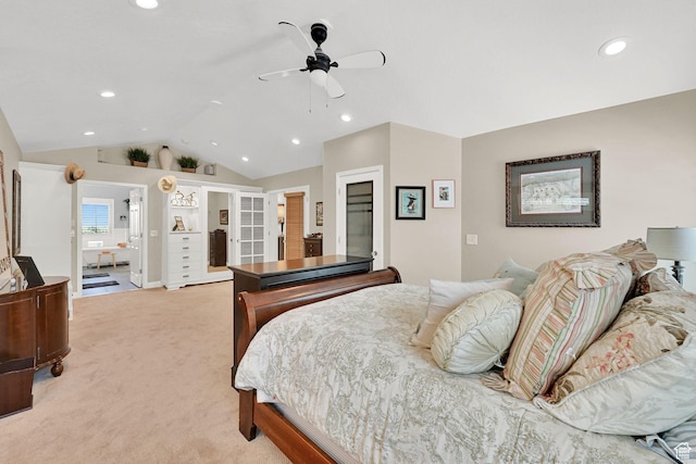 1269 Alice Ln, Farmington, UT 84025 - bedroom with vaulted ceiling, recessed lighting, light carpet, and ceiling fan