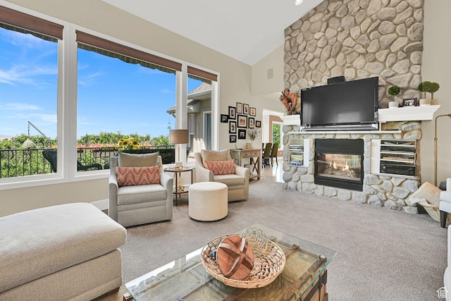 1269 Alice Ln, Farmington, UT 84025 - carpeted living room with a stone fireplace and high vaulted ceiling