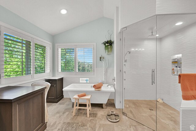 1269 Alice Ln, Farmington, UT 84025 - full bath with a shower stall, a freestanding tub, tile walls, lofted ceiling, and recessed lighting