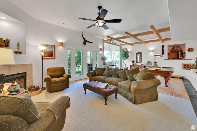 1269 Alice Ln, Farmington, UT 84025 - living room with billiards table, ceiling fan, and a tile fireplace
