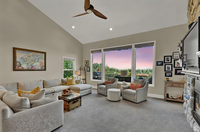 1269 Alice Ln, Farmington, UT 84025 - carpeted living area with high vaulted ceiling, ceiling fan, and recessed lighting