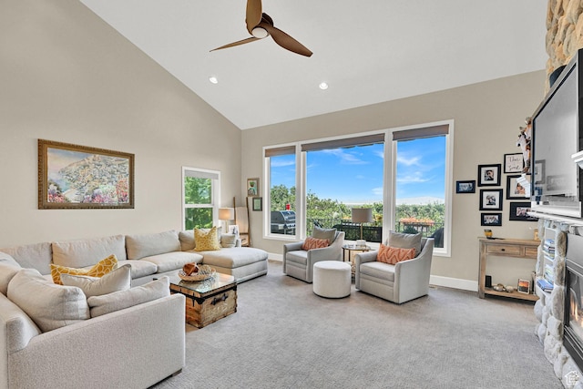 1269 Alice Ln, Farmington, UT 84025 - living room featuring high vaulted ceiling, ceiling fan, carpet, and recessed lighting