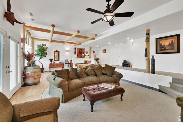 1269 Alice Ln, Farmington, UT 84025 - living area with light wood-style flooring, beamed ceiling, and ceiling fan