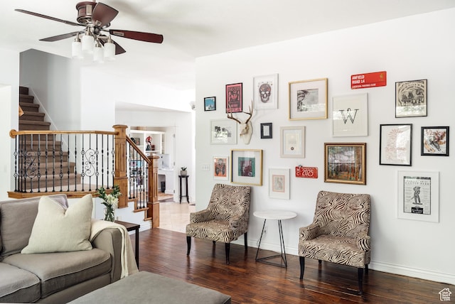 3551 S Huntington Dr, Bountiful, UT 84010 - living room featuring wood finished floors, stairway, and ceiling fan
