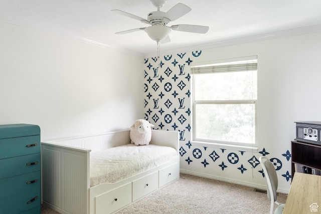 3551 S Huntington Dr, Bountiful, UT 84010 - bedroom with crown molding, wallpapered walls, carpet flooring, and a ceiling fan