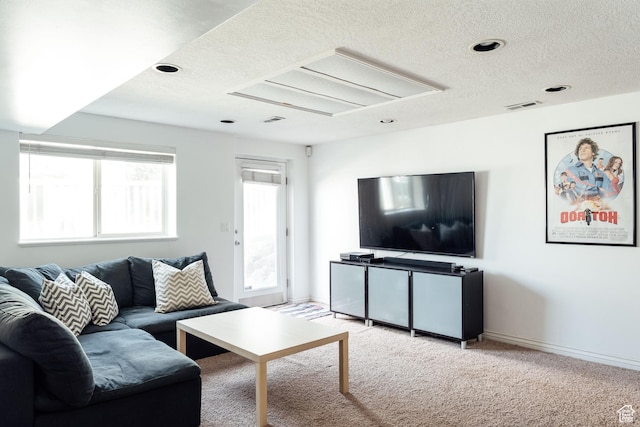 3551 S Huntington Dr, Bountiful, UT 84010 - living room with attic access, a textured ceiling, and light colored carpet