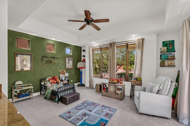 1683 W Red Cloud Dr, St George, UT 84770 - rec room with ceiling fan, carpet flooring, a tray ceiling, and recessed lighting