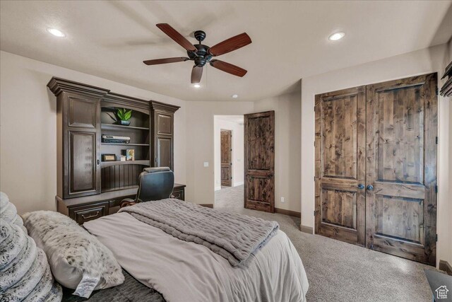 1683 W Red Cloud Dr, St George, UT 84770 - bedroom featuring light carpet, recessed lighting, and a ceiling fan