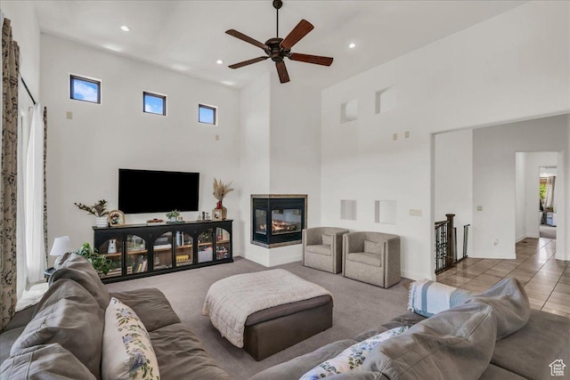 1683 W Red Cloud Dr, St George, UT 84770 - living area with a towering ceiling, ceiling fan, recessed lighting, and a multi sided fireplace