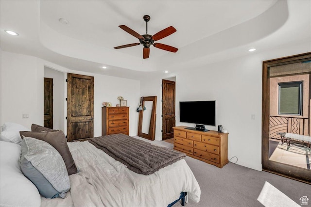 1683 W Red Cloud Dr, St George, UT 84770 - bedroom featuring carpet floors, recessed lighting, a raised ceiling, and ceiling fan
