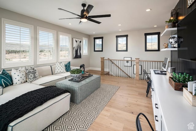 4583 N Solstice Dr Unit 301, Lehi, UT 84043 - living area featuring a ceiling fan, light wood-type flooring, and recessed lighting
