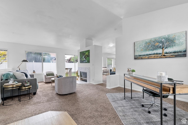 9152 S Crystal Vista Ln, West Jordan, UT 84088 - living room featuring carpet, a fireplace, and vaulted ceiling