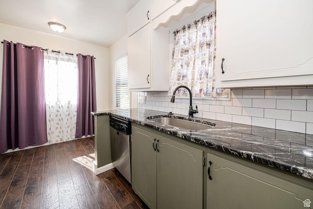 1344 E 23rd St N, Ogden, UT 84401 - kitchen featuring stainless steel dishwasher, dark wood-style floors, decorative backsplash, white cabinetry, and dark stone counters