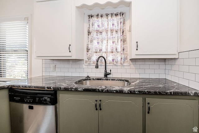 1344 E 23rd St N, Ogden, UT 84401 - kitchen featuring stainless steel dishwasher, backsplash, white cabinetry, and healthy amount of natural light