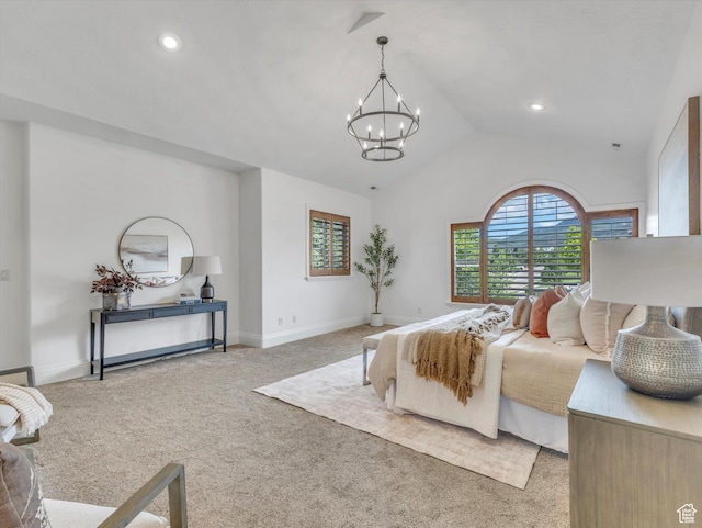 6037 Chamberry Way N, Highland, UT 84003 - carpeted bedroom featuring a chandelier, lofted ceiling, and recessed lighting