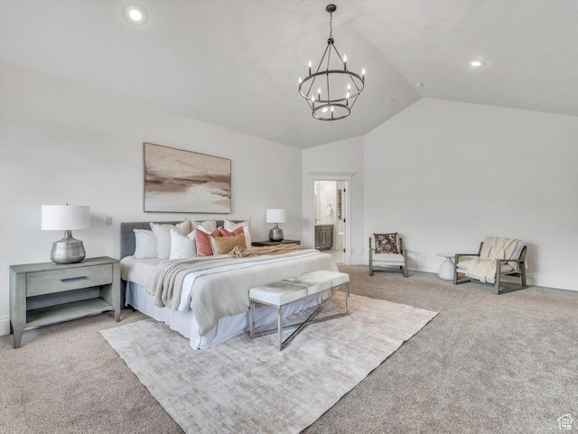 6037 Chamberry Way N, Highland, UT 84003 - bedroom featuring carpet, a chandelier, vaulted ceiling, recessed lighting, and ensuite bathroom