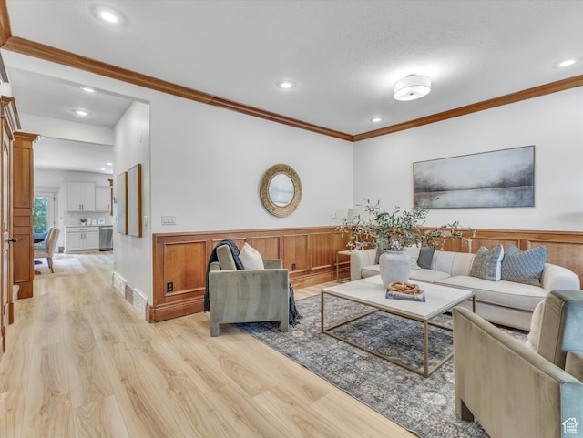 6037 Chamberry Way N, Highland, UT 84003 - living room with light wood-style floors, a wainscoted wall, ornamental molding, and recessed lighting