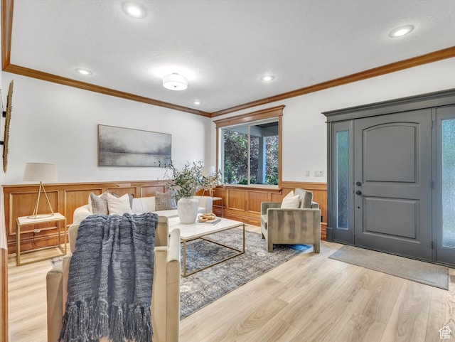 6037 Chamberry Way N, Highland, UT 84003 - living area featuring light wood-type flooring, wainscoting, ornamental molding, and recessed lighting