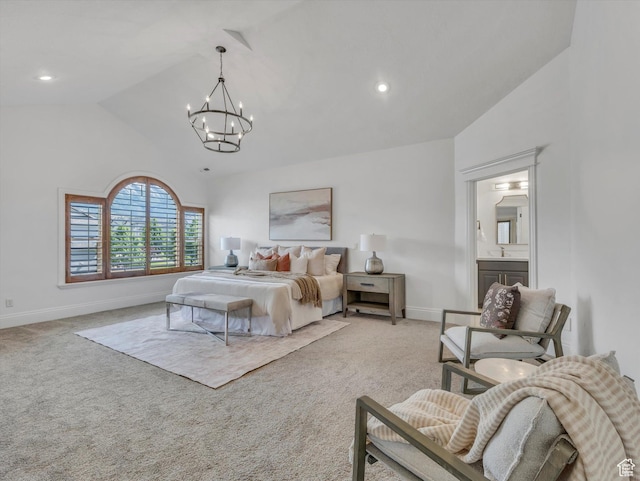 6037 Chamberry Way N, Highland, UT 84003 - bedroom featuring light colored carpet, a chandelier, high vaulted ceiling, ensuite bathroom, and recessed lighting