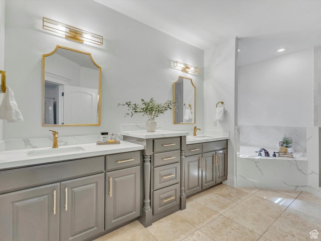 6037 Chamberry Way N, Highland, UT 84003 - bathroom featuring two vanities, a bath, and tile patterned floors