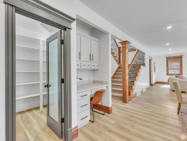6037 Chamberry Way N, Highland, UT 84003 - hallway with light wood-style flooring, stairs, recessed lighting, and an office area