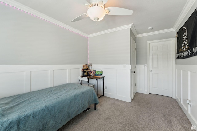 15106 S Heather Stone Cir, Draper, UT 84020 - bedroom with a decorative wall, carpet floors, ornamental molding, a wainscoted wall, and a ceiling fan
