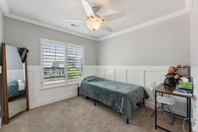 15106 S Heather Stone Cir, Draper, UT 84020 - bedroom with ornamental molding, carpet, a decorative wall, a wainscoted wall, and a ceiling fan