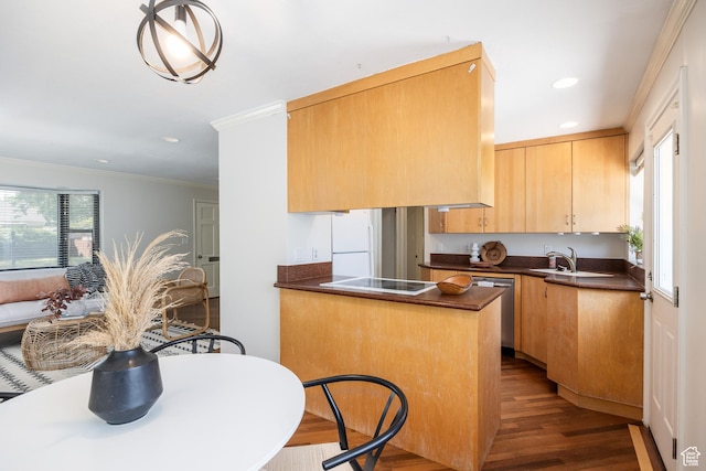 1523 E 3115 S, Millcreek, UT 84106 - kitchen featuring dark countertops, freestanding refrigerator, dishwasher, dark wood-type flooring, and ornamental molding