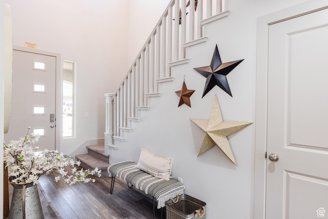 344 N Puerta Dr, Washington, UT 84780 - entryway with stairway, wood finished floors, and a towering ceiling