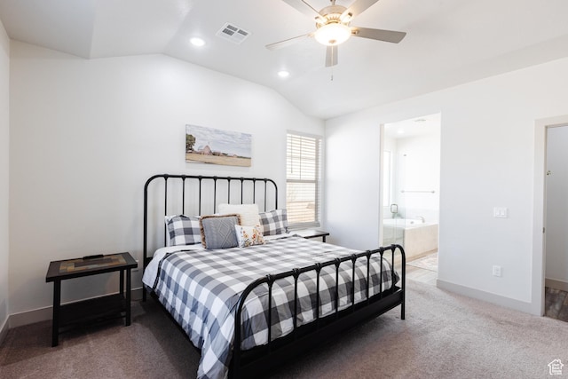 344 N Puerta Dr, Washington, UT 84780 - bedroom with lofted ceiling, carpet flooring, recessed lighting, connected bathroom, and ceiling fan