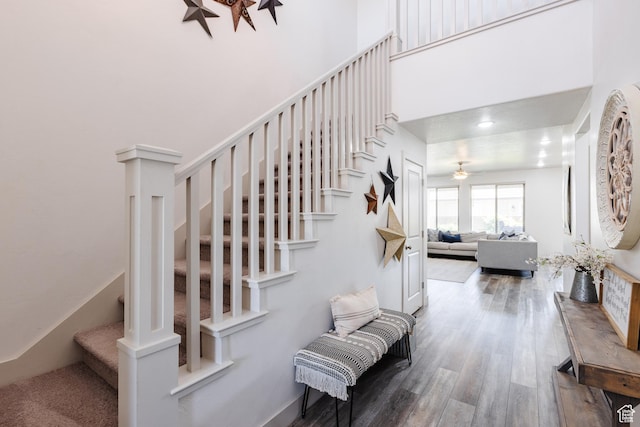 344 N Puerta Dr, Washington, UT 84780 - staircase with wood finished floors, a towering ceiling, and ceiling fan
