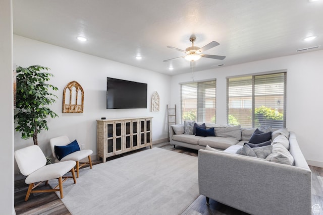 344 N Puerta Dr, Washington, UT 84780 - living room featuring wood finished floors, a ceiling fan, and recessed lighting
