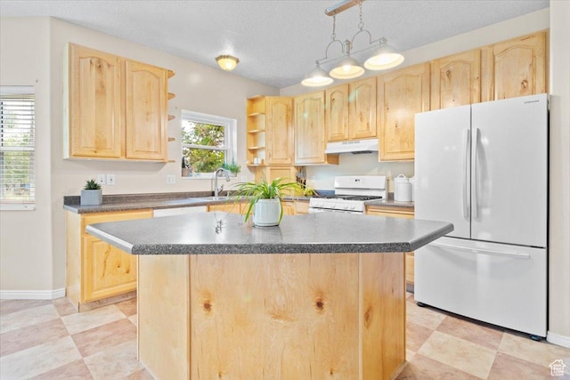 231 S 200 E, Manti, UT 84642 - kitchen featuring white appliances, light brown cabinetry, under cabinet range hood, open shelves, and dark countertops
