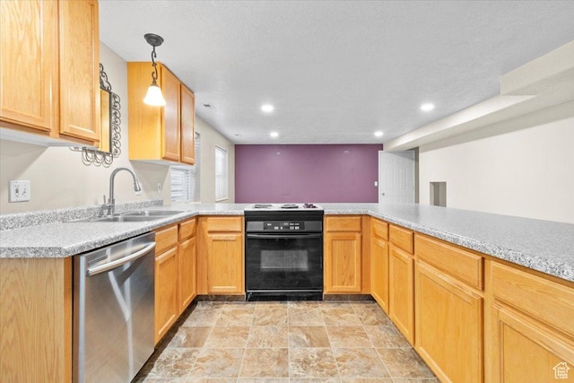 231 S 200 E, Manti, UT 84642 - kitchen with black stove, stainless steel dishwasher, light countertops, recessed lighting, and a peninsula