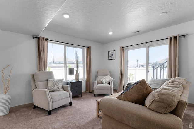 106 E Polaris Dr, Saratoga Springs, UT 84045 - living room featuring light colored carpet, a textured ceiling, and recessed lighting