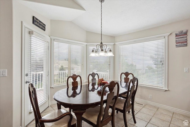 3634 N 225 E, North Ogden, UT 84414 - dining area with lofted ceiling, light tile patterned floors, a chandelier, and healthy amount of natural light