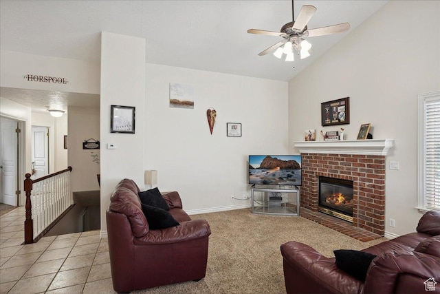 3634 N 225 E, North Ogden, UT 84414 - living area with a ceiling fan, a fireplace, high vaulted ceiling, and carpet