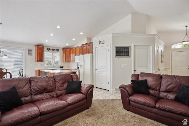3634 N 225 E, North Ogden, UT 84414 - living area with lofted ceiling, recessed lighting, light tile patterned flooring, and light colored carpet